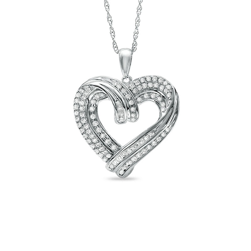 0.5 CT. T.W. Natural Diamond Criss-Cross Multi-Row Heart Pendant in Sterling Silver