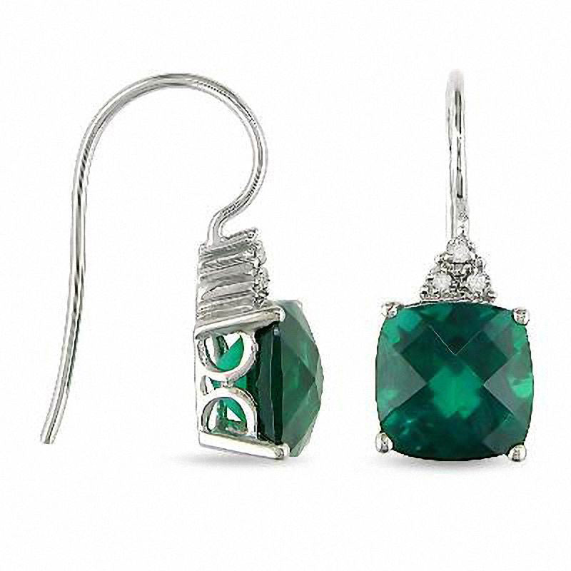 8.0mm Cushion-Cut Lab-Created Emerald and Diamond Accent Drop Earrings in 10K White Gold