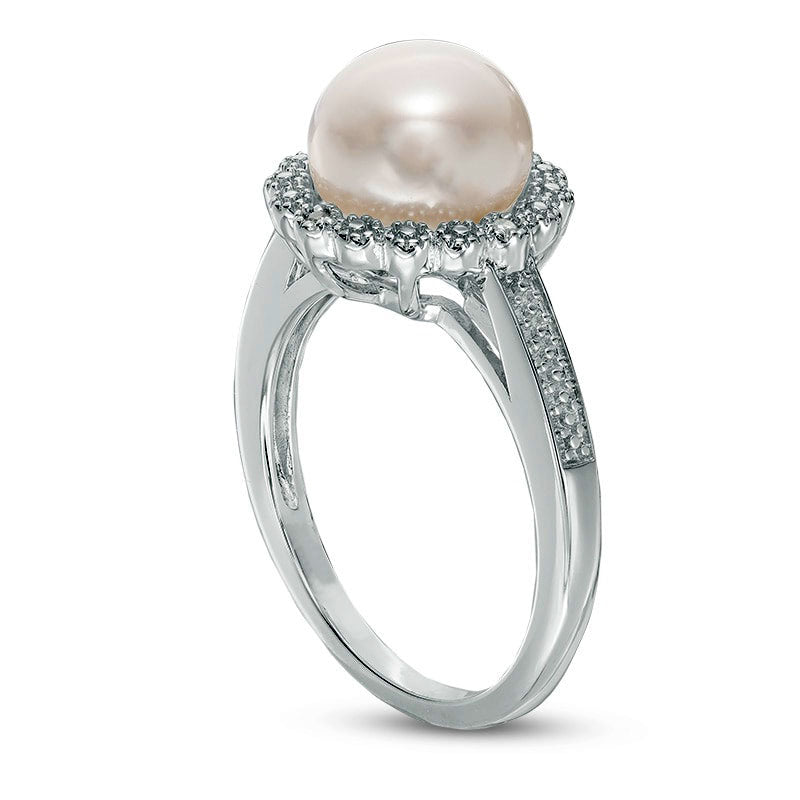 9.0 - 9.5mm Button Cultured Freshwater Pearl and Natural Diamond Accent Flower Frame Ring in Sterling Silver