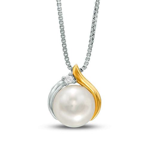 8.0mm Cultured Freshwater Pearl and Natural Diamond Accent Teardrop Pendant in Sterling Silver and 14K Gold