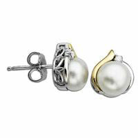 7.0mm Cultured Freshwater Pearl and Diamond Accent Teardrop Stud Earrings in Sterling Silver and 14K Gold