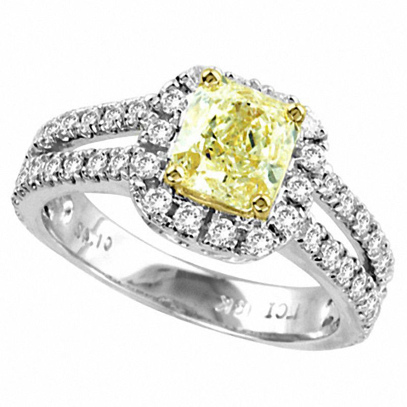 2.0 CT. T.W. Radiant-Cut Natural Fancy Yellow and White Natural Diamond Split Shank Framed Ring in Solid 18K White Gold (SI2)