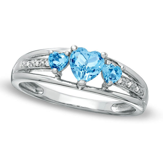 Heart-Shaped Blue Topaz Three Stone and Natural Diamond Accent Ring in Sterling Silver