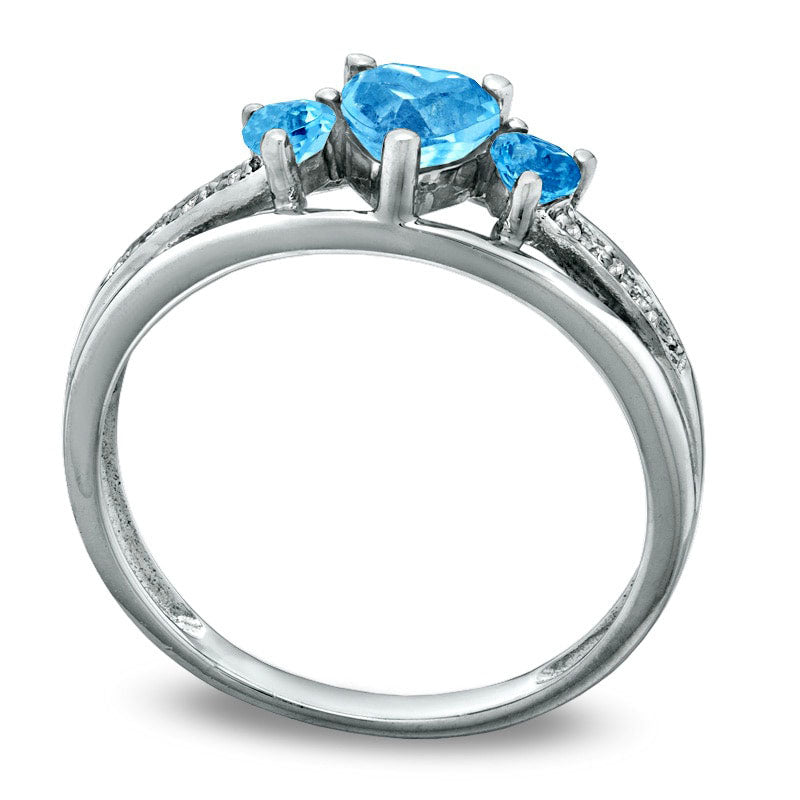 Heart-Shaped Blue Topaz Three Stone and Natural Diamond Accent Ring in Sterling Silver