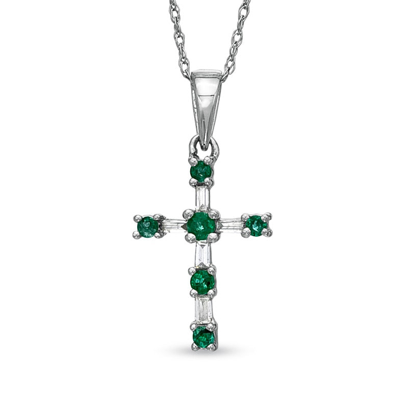 Emerald and 0.1 CT. T.W. Natural Diamond Cross Pendant in 10K White Gold