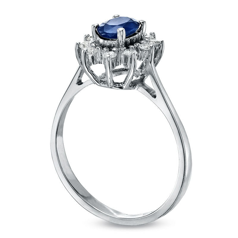 Oval Blue Sapphire and 0.14 CT. T.W. Natural Diamond Frame Engagement Ring in Solid 14K White Gold