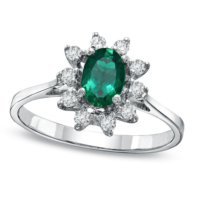 Oval Emerald and 0.14 CT. T.W. Natural Diamond Frame Engagement Ring in Solid 14K White Gold