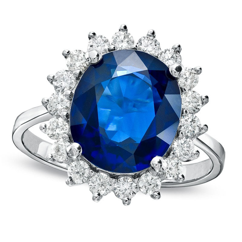 Oval Blue Sapphire and 0.63 CT. T.W. Natural Diamond Frame Engagement Ring in Solid 14K White Gold