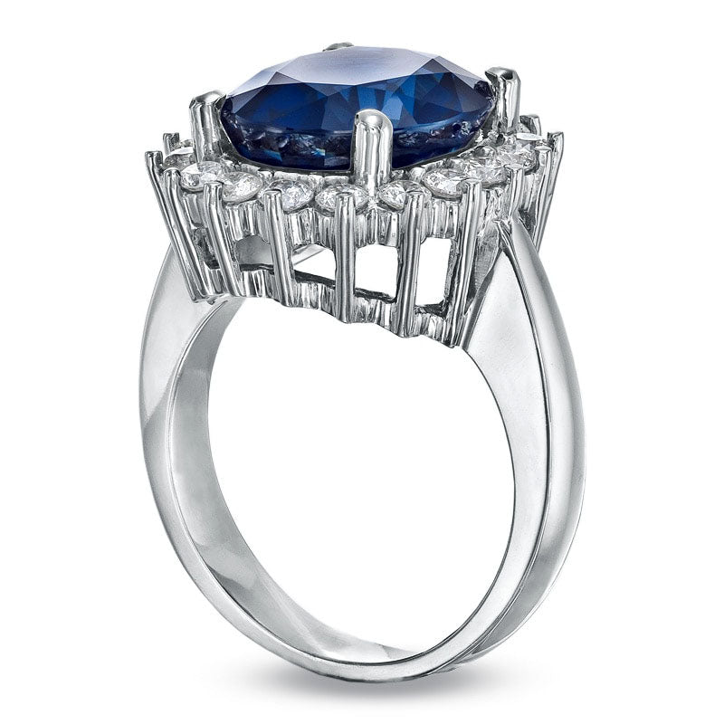 Oval Blue Sapphire and 0.63 CT. T.W. Natural Diamond Frame Engagement Ring in Solid 14K White Gold