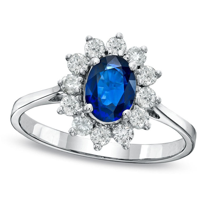 Oval Blue Sapphire and 0.50 CT. T.W. Natural Diamond Frame Engagement Ring in Solid 14K White Gold