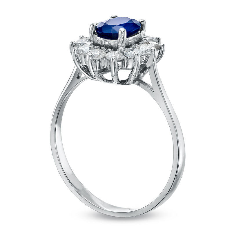 Oval Blue Sapphire and 0.50 CT. T.W. Natural Diamond Frame Engagement Ring in Solid 14K White Gold