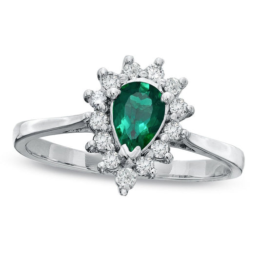 Pear-Shaped Emerald and 0.14 CT. T.W. Natural Diamond Frame Engagement Ring in Solid 14K White Gold