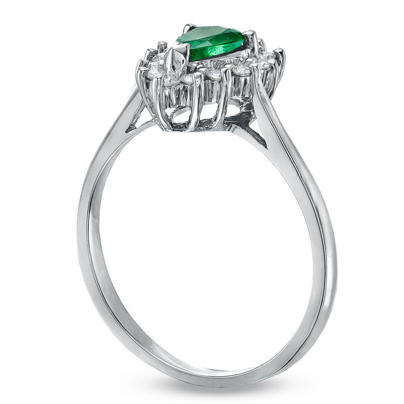 Pear-Shaped Emerald and 0.14 CT. T.W. Natural Diamond Frame Engagement Ring in Solid 14K White Gold