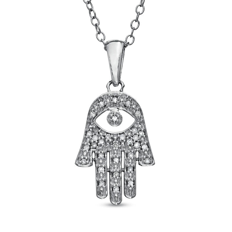 0.1 CT. T.W. Natural Diamond Hamsa with Evil Eye Pendant in Sterling Silver