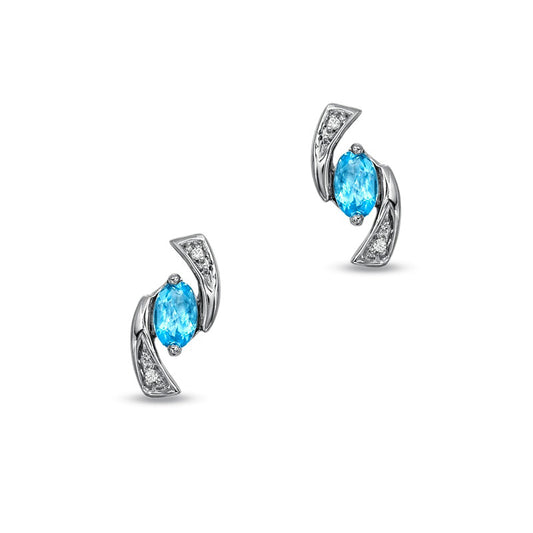 5.0mm Oval Blue Topaz and Diamond Accent Boomerang Earrings in 10K White Gold