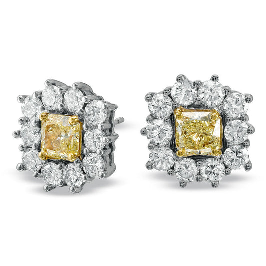 3 CT. T.W. Radiant-Cut Fancy Yellow and White Diamond Frame Earrings in 18K White Gold (SI2)