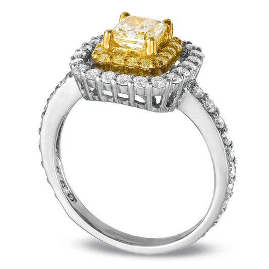 1.25 CT. T.W. Radiant-Cut Fancy Yellow and White Natural Diamond Frame Engagement Ring in Solid 18K White Gold (SI2)