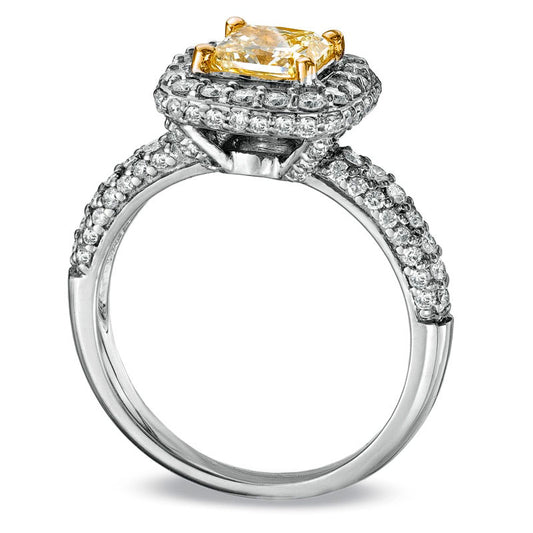 1.63 CT. T.W. Radiant-Cut Fancy Yellow and White Natural Diamond Frame Engagement Ring in Solid 18K White Gold (SI2)