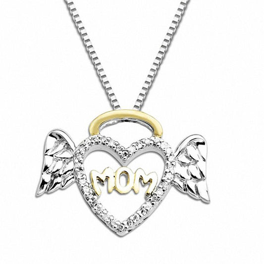 0.1 CT. T.W. Natural Diamond Halo Winged Heart "Mom" Pendant in Sterling Silver and 14K Gold