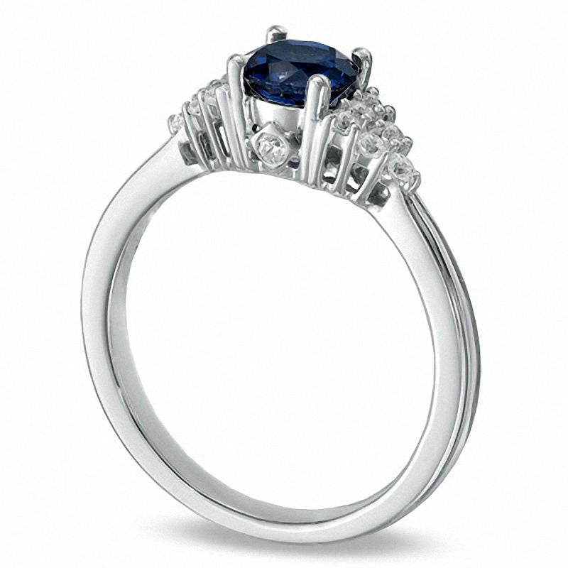 5.5mm Lab-Created Blue Sapphire and 0.14 CT. T.W. Diamond Cluster Engagement Ring in Solid 10K White Gold