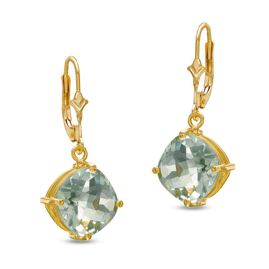 10.0mm Cushion-Cut Green Quartz Drop Earrings in 10K Gold