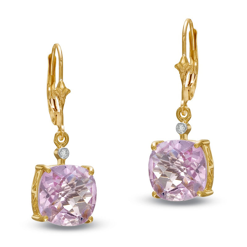 10.0mm Cushion-Cut Lab-Created Pink Quartz and Diamond Accent Drop Earrings in 10K Gold