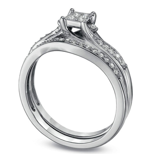 0.25 CT. T.W. Quad Princess-Cut Natural Diamond Bypass Bridal Engagement Ring Set in Solid 10K White Gold