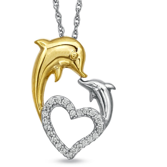 0.1 CT. T.W. Natural Diamond Kissing Dolphins Heart Pendant in Sterling Silver with 14K Gold Plate