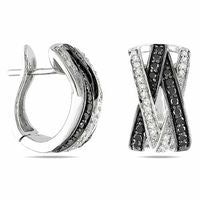 0.5 CT. T.W. Enhanced Black and White Diamond Criss-Cross Hoop Earrings in Sterling Silver