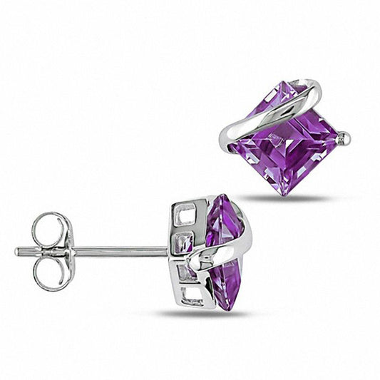 6.0mm Princess-Cut Amethyst Swirl Stud Earrings in 10K White Gold