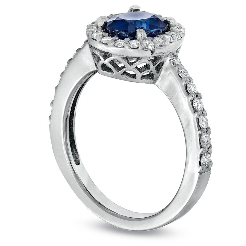 Oval Blue Sapphire and 0.50 CT. T.W. Natural Diamond Frame Engagement Ring in Solid 14K White Gold