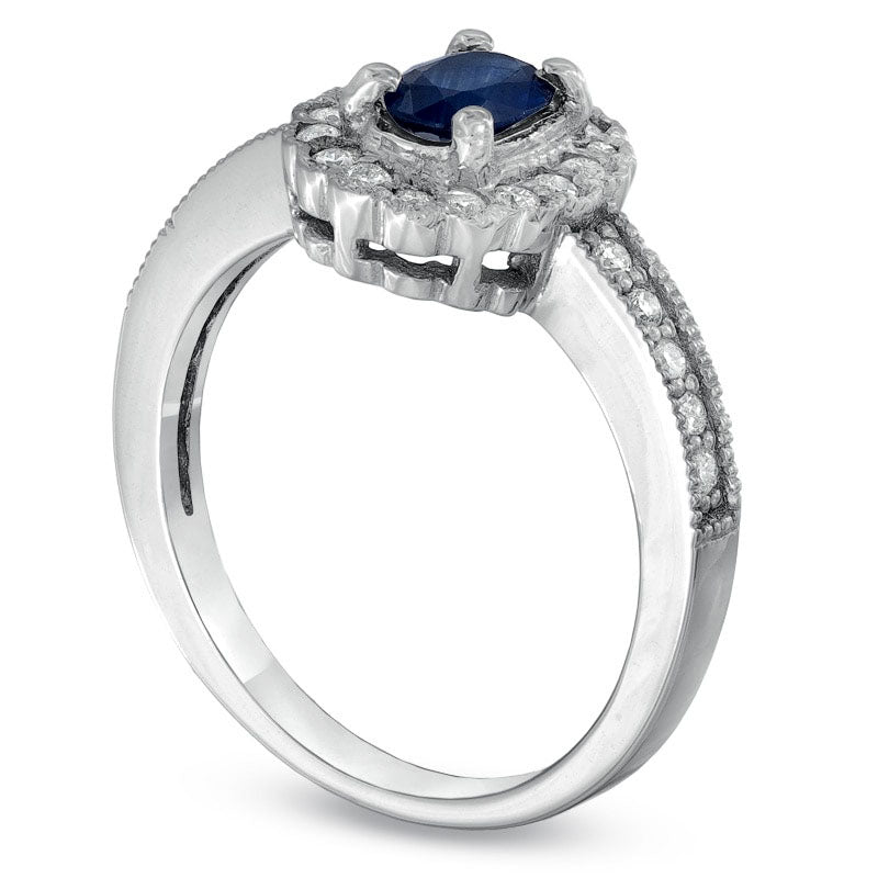 Oval Blue Sapphire and 0.25 CT. T.W. Natural Diamond Scallop Frame Engagement Ring in Solid 14K White Gold