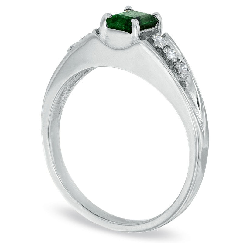 Emerald-Cut Emerald and Natural Diamond Accent Engagement Ring in Solid 14K White Gold