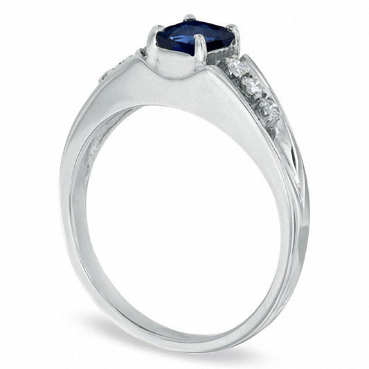 Emerald-Cut Blue Sapphire and Natural Diamond Accent Engagement Ring in Solid 14K White Gold