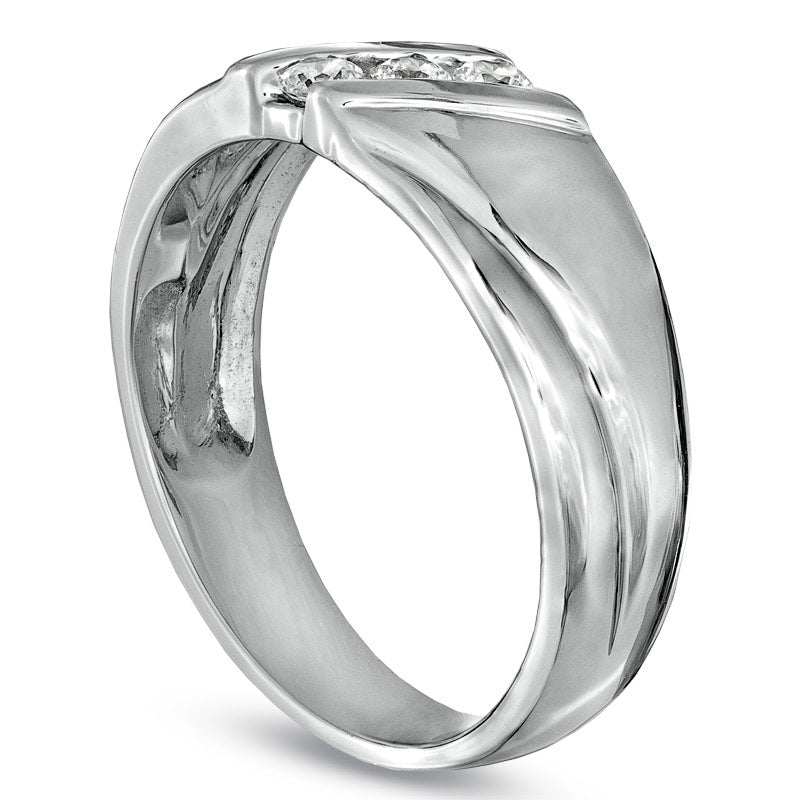 Men's 0.17 CT. T.W. Natural Diamond Three Stone Slant Wedding Band in Solid 10K White Gold