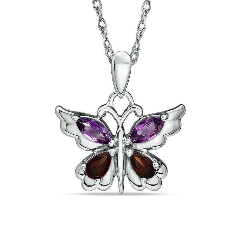 Amethyst and Garnet Butterfly Pendant in Sterling Silver