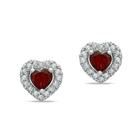 Heart-Shaped Garnet and 0.13 CT. T.W. Diamond Frame Stud Earrings in Sterling Silver