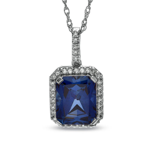 Emerald-Cut Lab-Created Blue and White Sapphire Drop Pendant in Sterling Silver