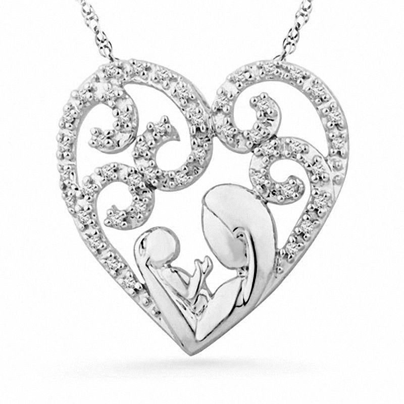 0.13 CT. T.W. Natural Diamond Motherly Love Filigree Heart Pendant in Sterling Silver