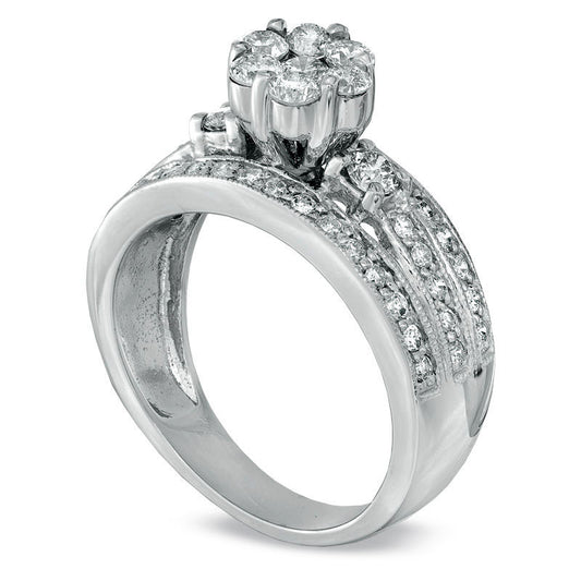 1-1.1.0 CT. T.W. Natural Diamond Cluster Triple Row Engagement Ring in Solid 14K White Gold