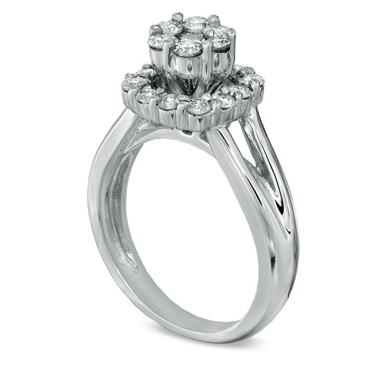 1.0 CT. T.W. Natural Diamond Cluster Split Shank Engagement Ring in Solid 14K White Gold