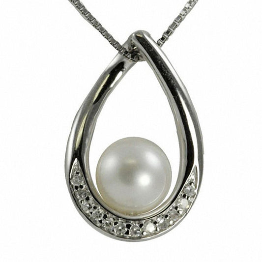 Cultured Freshwater Pearl with Natural Diamond Accents Teardrop-Shaped Pendant in Sterling Silver