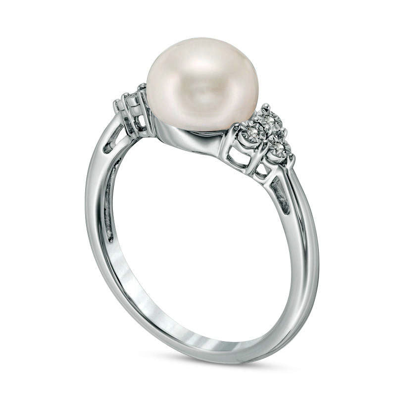 8.0 - 8.5mm Button Cultured Freshwater Pearl and Natural Diamond Accent Ring in Sterling Silver