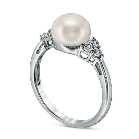 8.0 - 8.5mm Button Cultured Freshwater Pearl and Natural Diamond Accent Ring in Sterling Silver