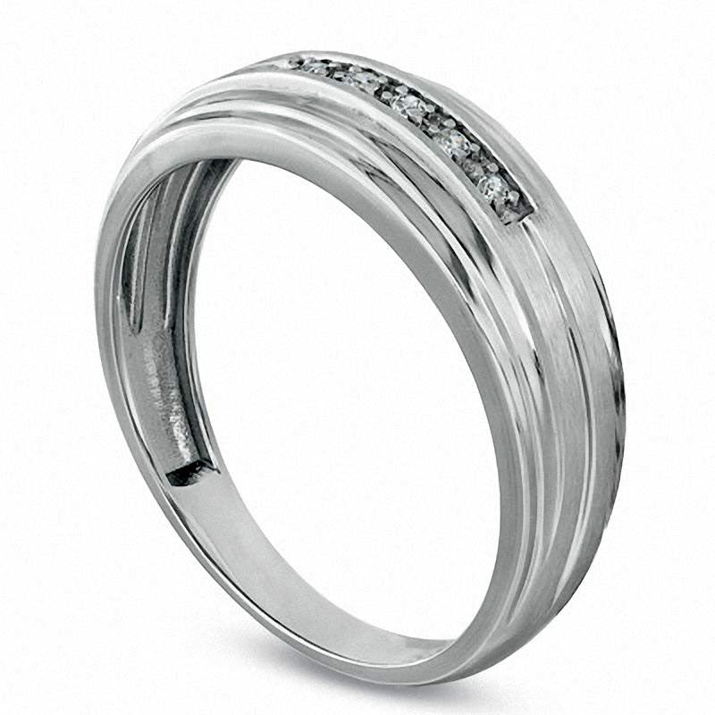 Men's Natural Diamond Accent Multi-Row Groove Wedding Band in Solid 10K White Gold