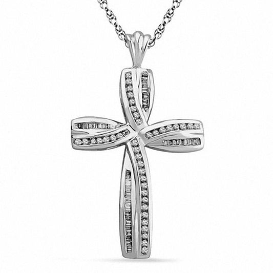 0.5 CT. T.W. Round and Baguette Natural Diamond Cross Pendant in Sterling Silver