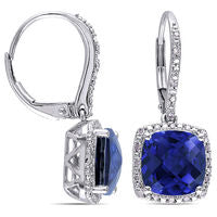 Cushion-Cut Lab-Created Blue Sapphire and 0.2 CT. T.W. Diamond Frame Drop Earrings in Sterling Silver