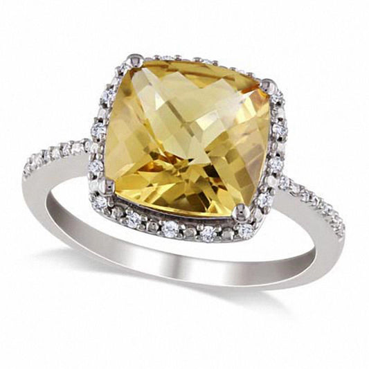 Cushion-Cut Citrine and 0.10 CT. T.W. Natural Diamond Frame Ring in Sterling Silver