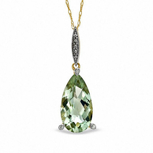 Pear-Shaped Green Quartz and Natural Diamond Accent Drop Pendant in 10K Yellow Gold