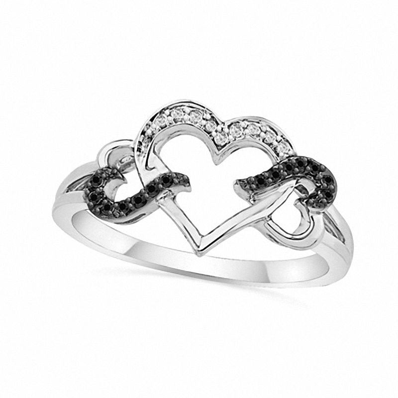 0.05 CT. T.W. Enhanced Black and White Natural Diamond Triple Heart Ring in Sterling Silver